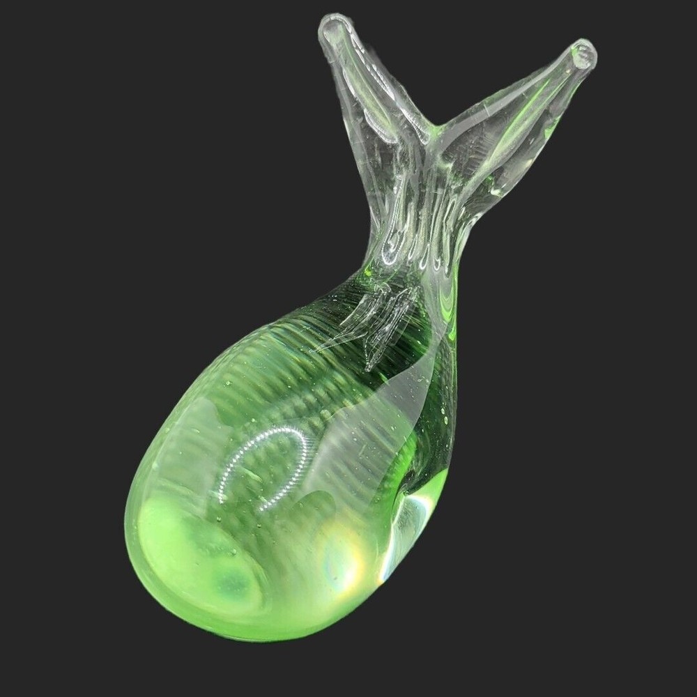 Art Glass Green Whale Fish Paperweight Animal Figurine Tail Up